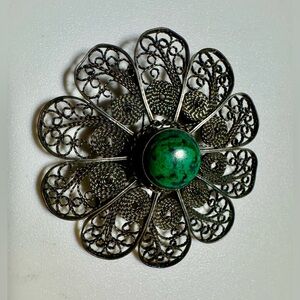 Vintage Floral Filigree Brooch with Green Stone
